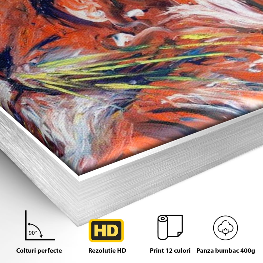 Detaliu al suprafetei: pictura abstracta cu profil de leu, in rama de aluminiu argintiu