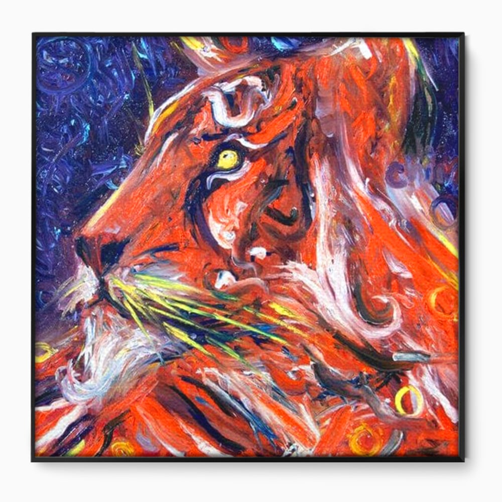Tablou canvas cu pictura abstracta cu profil de leu, in rama de aluminiu negru