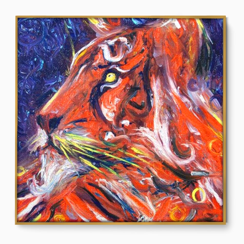 Tablou canvas cu pictura abstracta cu profil de leu, in rama de aluminiu auriu
