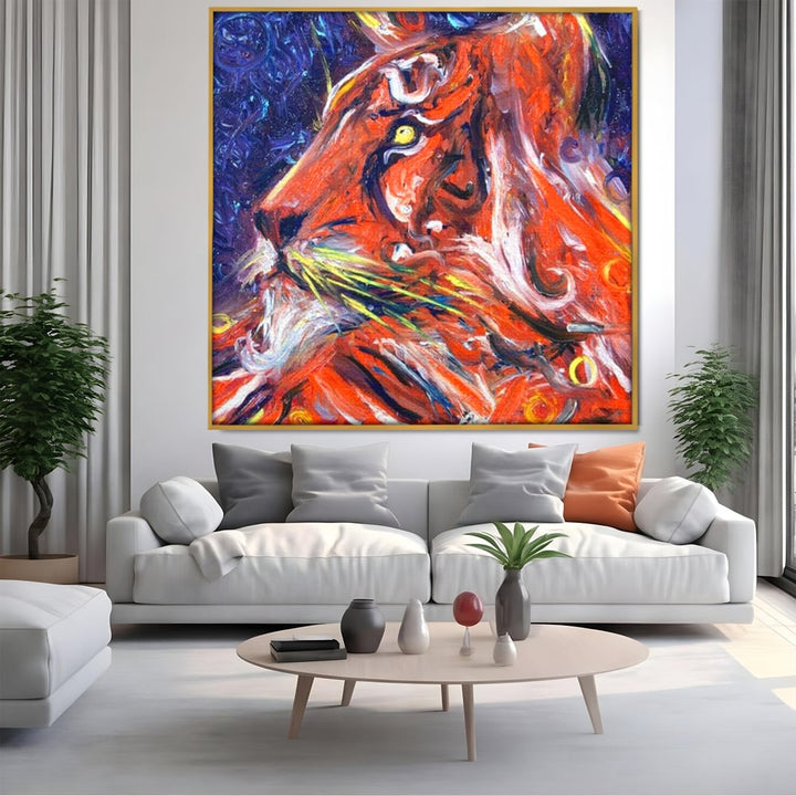 Tablou canvas cu pictura abstracta cu profil de leu, in rama de aluminiu auriu, pe perete intr-un living