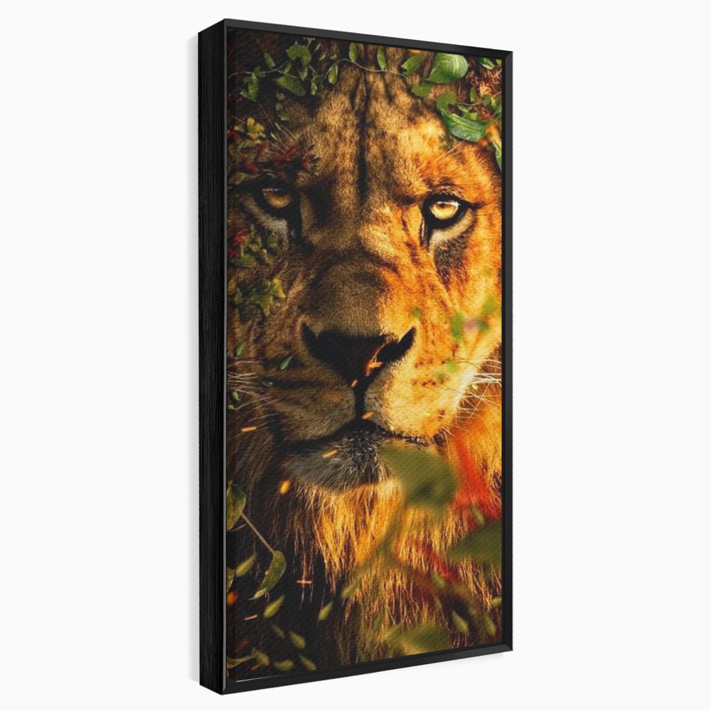 Tablou canvas cu tablou canvas cu leu mascat in frunzis, in rama de aluminiu negru