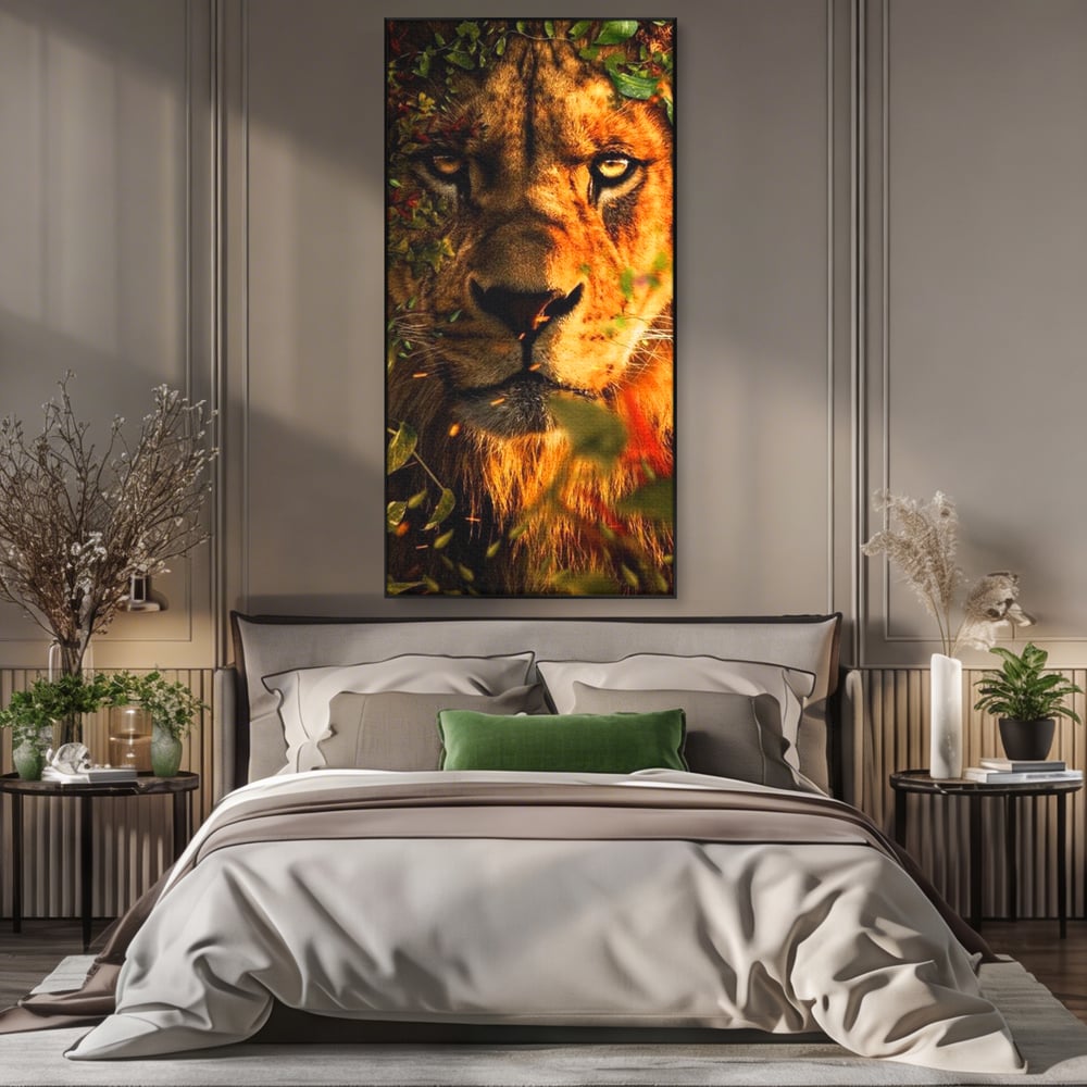 Tablou canvas cu tablou canvas cu leu mascat in frunzis, in rama de aluminiu negru, pe perete intr-un dormitor