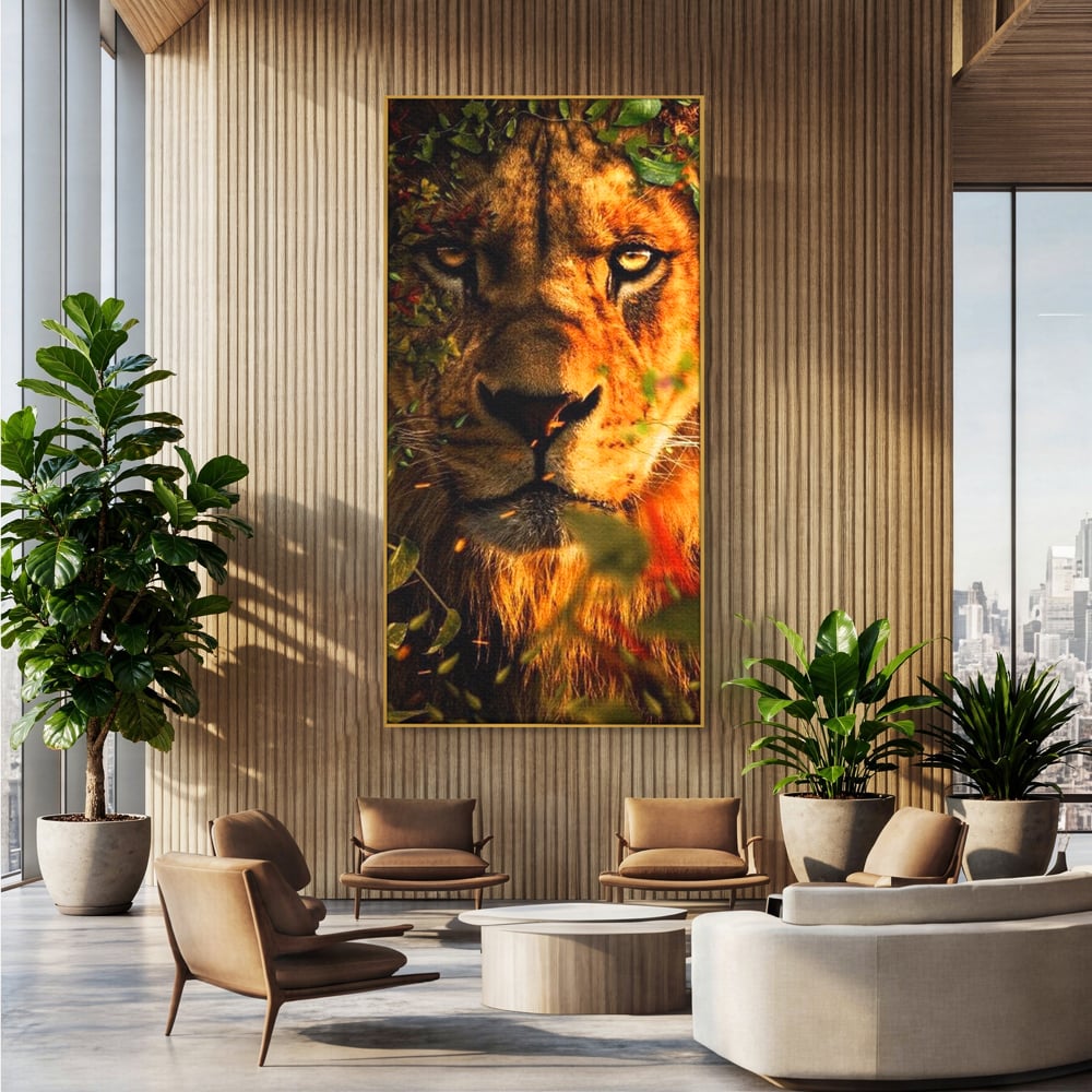 Tablou canvas cu tablou canvas cu leu mascat in frunzis, in rama de aluminiu auriu, pe perete intr-un birou