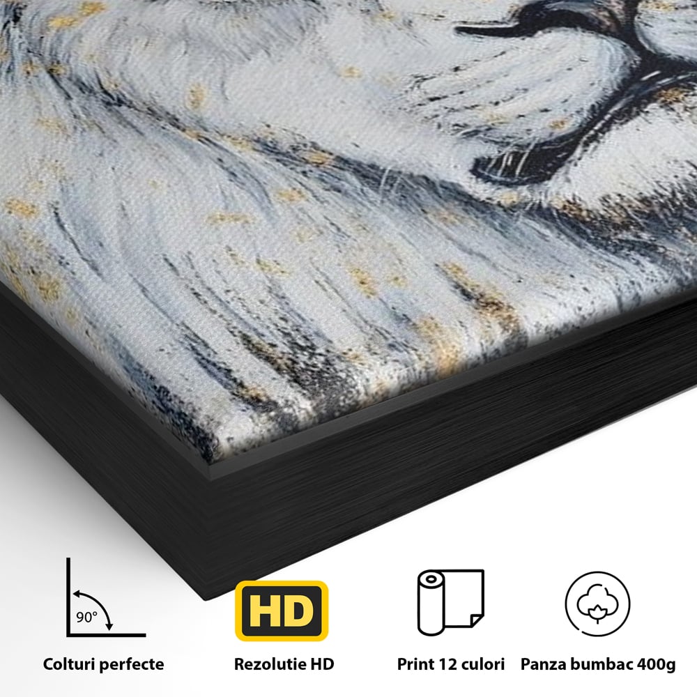 Detaliu al suprafetei: tablou canvas cu leu alb si accente aurii, in rama de aluminiu negru
