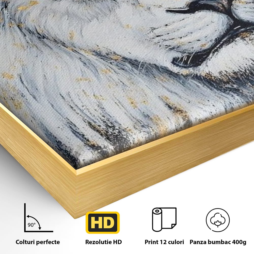 Detaliu al suprafetei: tablou canvas cu leu alb si accente aurii, in rama de aluminiu auriu