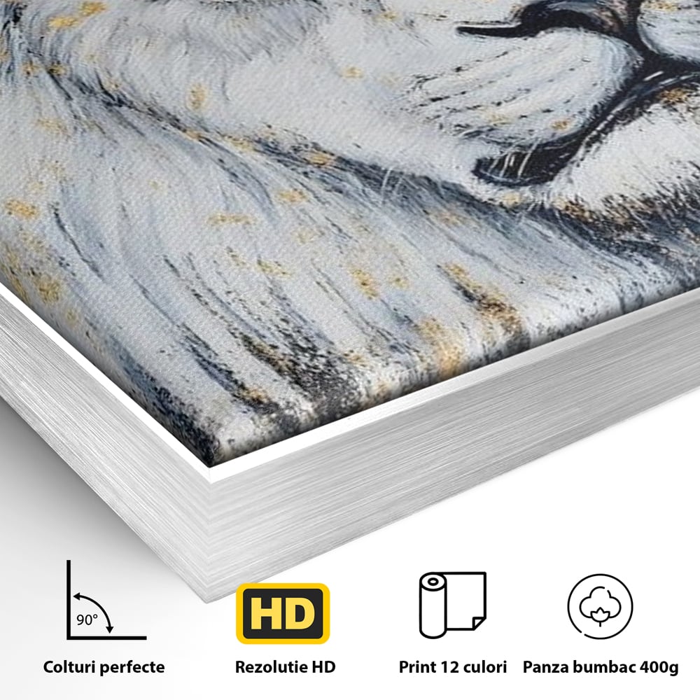 Detaliu al suprafetei: tablou canvas cu leu alb si accente aurii, in rama de aluminiu argintiu