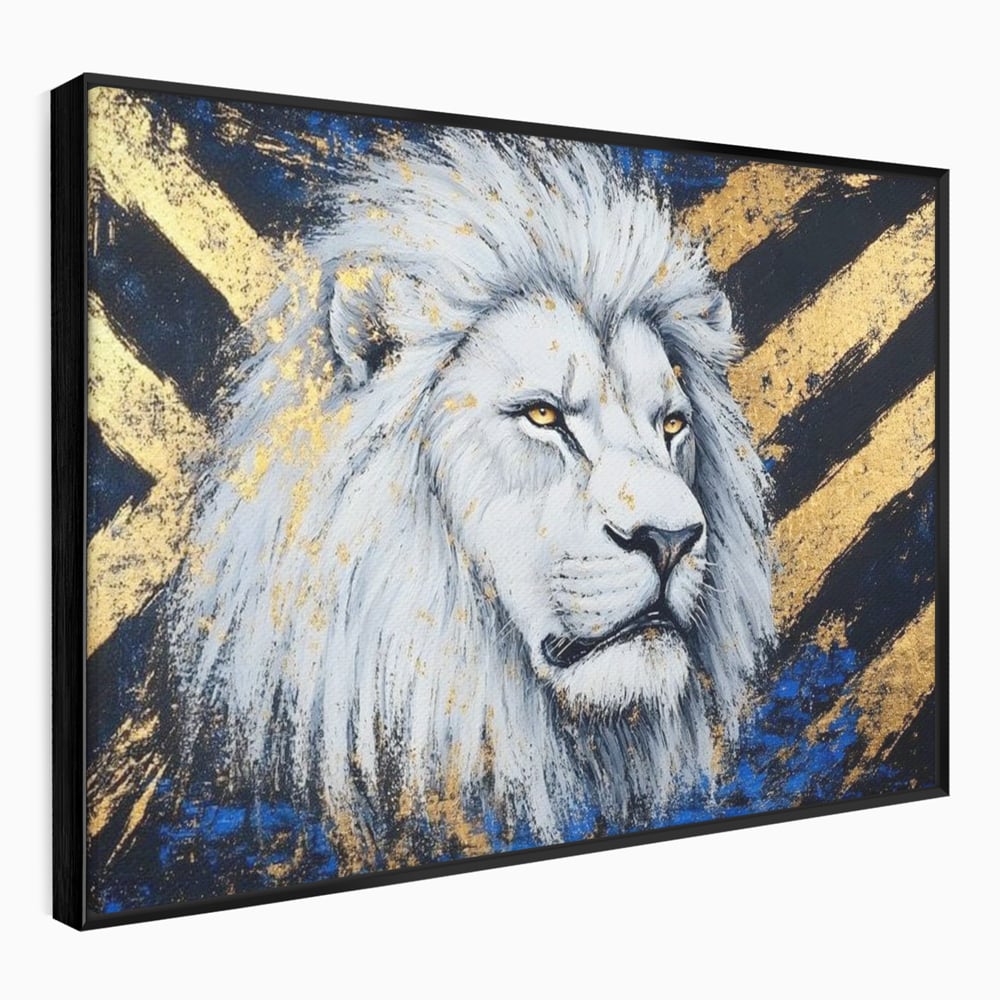 Tablou canvas cu tablou canvas cu leu alb si accente aurii, in rama de aluminiu negru