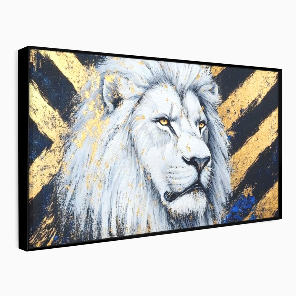 Tablou canvas cu tablou canvas cu leu alb si accente aurii, in rama de aluminiu negru