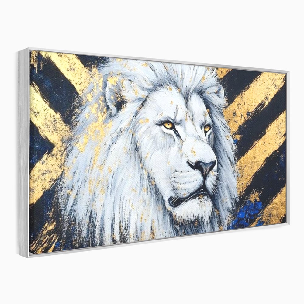 Tablou canvas cu tablou canvas cu leu alb si accente aurii, in rama de aluminiu argintiu