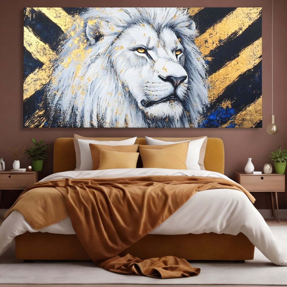 Tablou canvas cu tablou canvas cu leu alb si accente aurii, fara rama, pe sasiu de lemn, pe perete intr-un dormitor