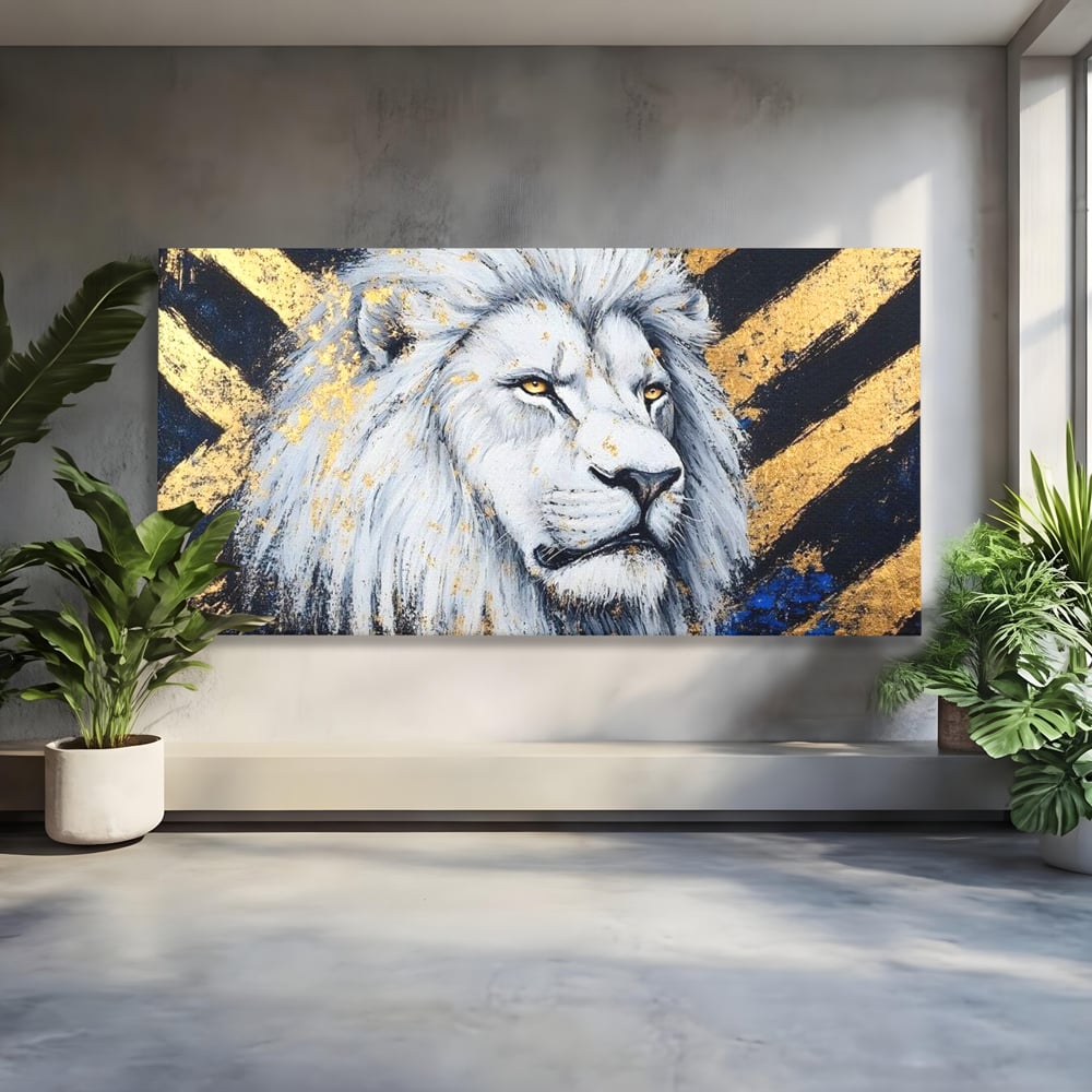 Tablou canvas cu tablou canvas cu leu alb si accente aurii, fara rama, pe sasiu de lemn