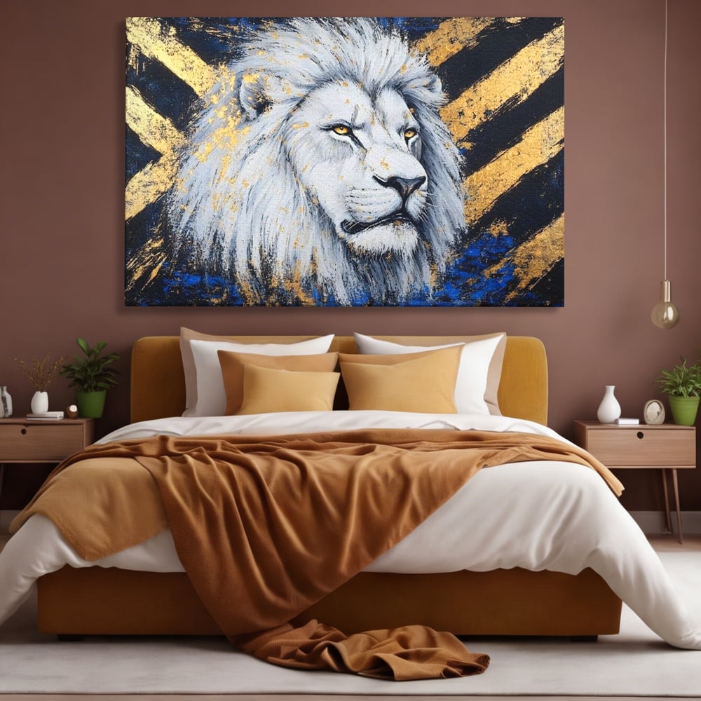 Tablou canvas cu tablou canvas cu leu alb si accente aurii, fara rama, pe sasiu de lemn, pe perete intr-un dormitor