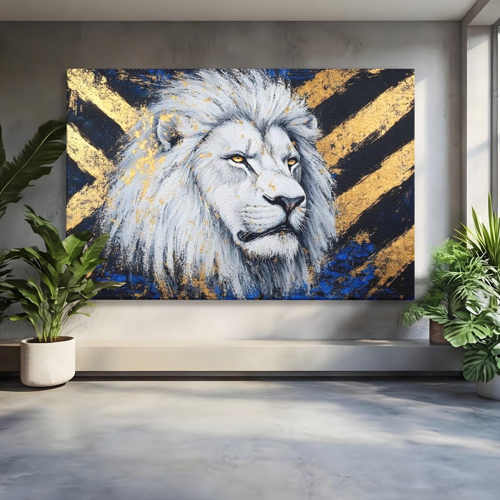 Tablou canvas cu tablou canvas cu leu alb si accente aurii, fara rama, pe sasiu de lemn