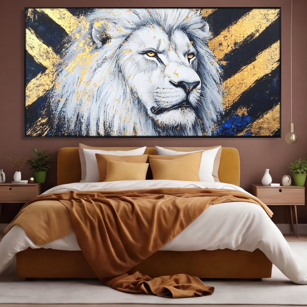 Tablou canvas cu tablou canvas cu leu alb si accente aurii, in rama de aluminiu negru, pe perete intr-un dormitor