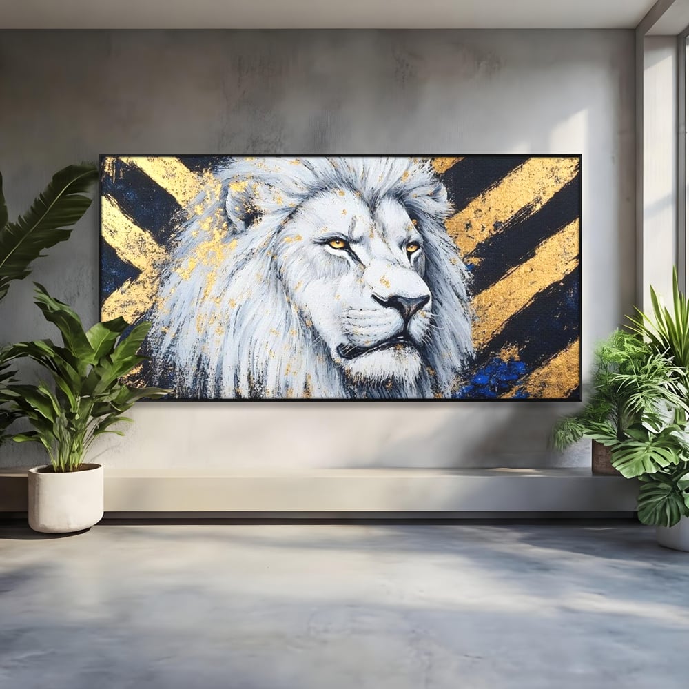 Tablou canvas cu tablou canvas cu leu alb si accente aurii, in rama de aluminiu negru