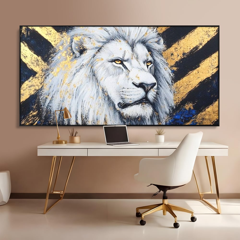Tablou canvas cu tablou canvas cu leu alb si accente aurii, in rama de aluminiu negru, pe perete intr-un birou
