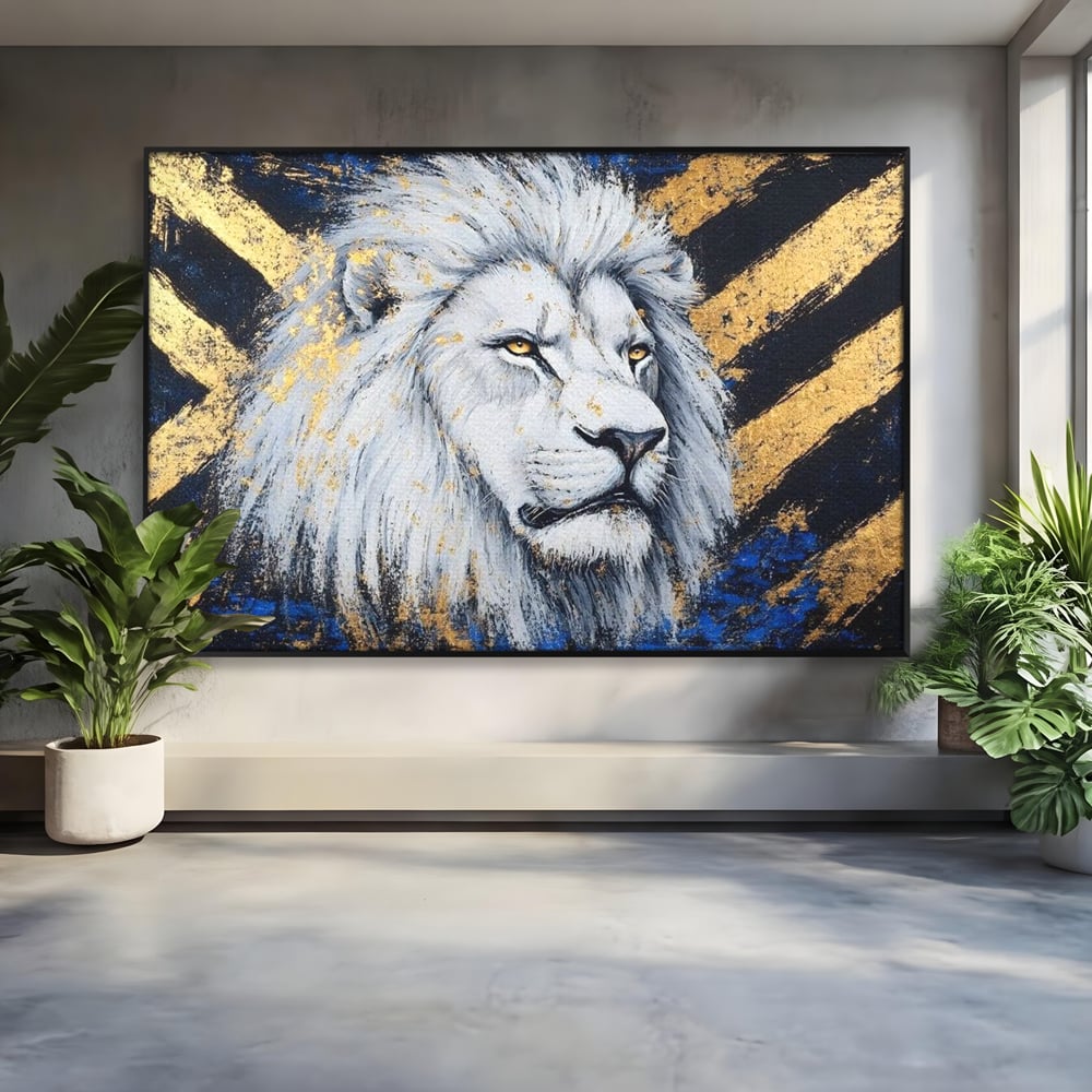 Tablou canvas cu tablou canvas cu leu alb si accente aurii, in rama de aluminiu negru