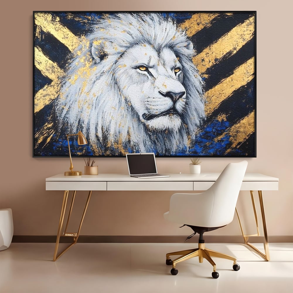 Tablou canvas cu tablou canvas cu leu alb si accente aurii, in rama de aluminiu negru, pe perete intr-un birou