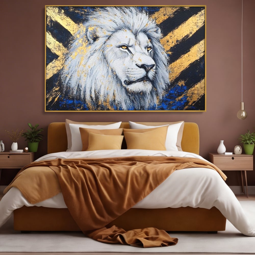 Tablou canvas cu tablou canvas cu leu alb si accente aurii, in rama de aluminiu auriu, pe perete intr-un dormitor