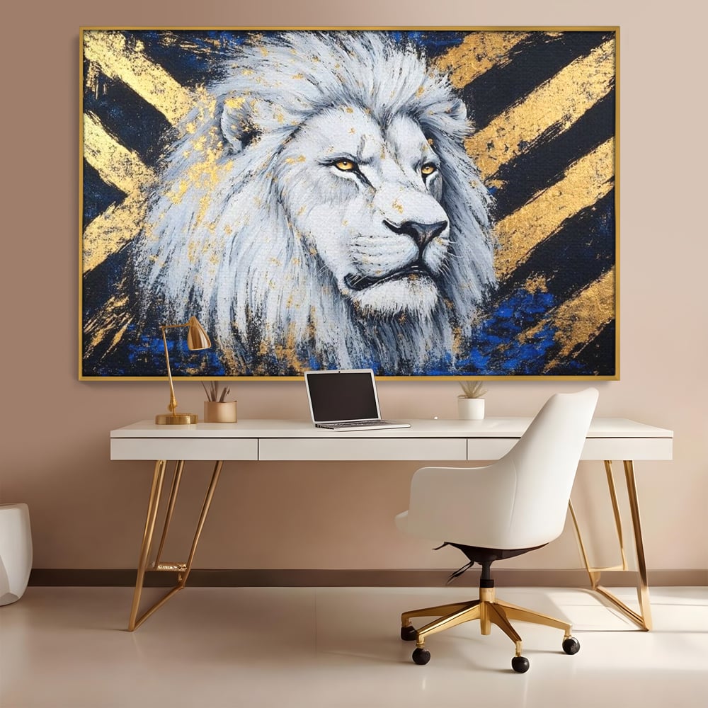 Tablou canvas cu tablou canvas cu leu alb si accente aurii, in rama de aluminiu auriu, pe perete intr-un birou