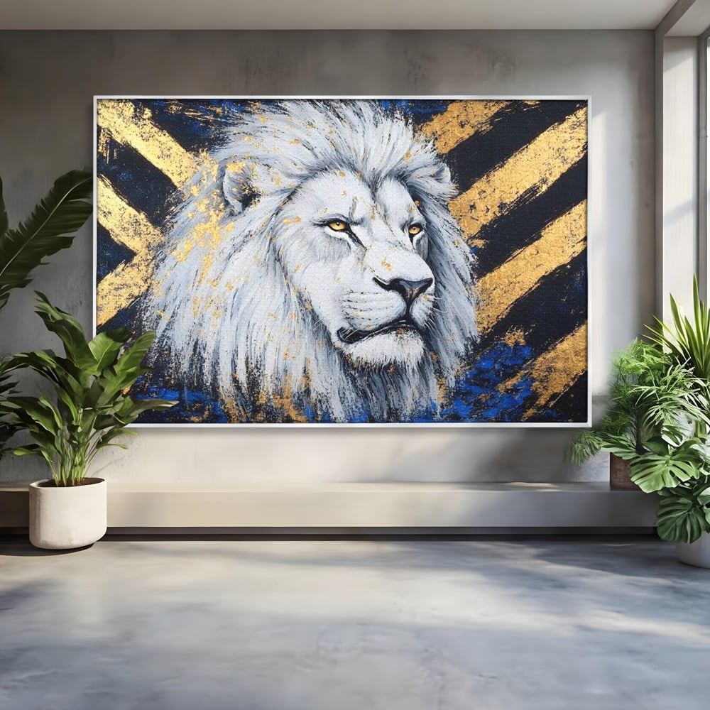 Tablou canvas cu tablou canvas cu leu alb si accente aurii, in rama de aluminiu argintiu