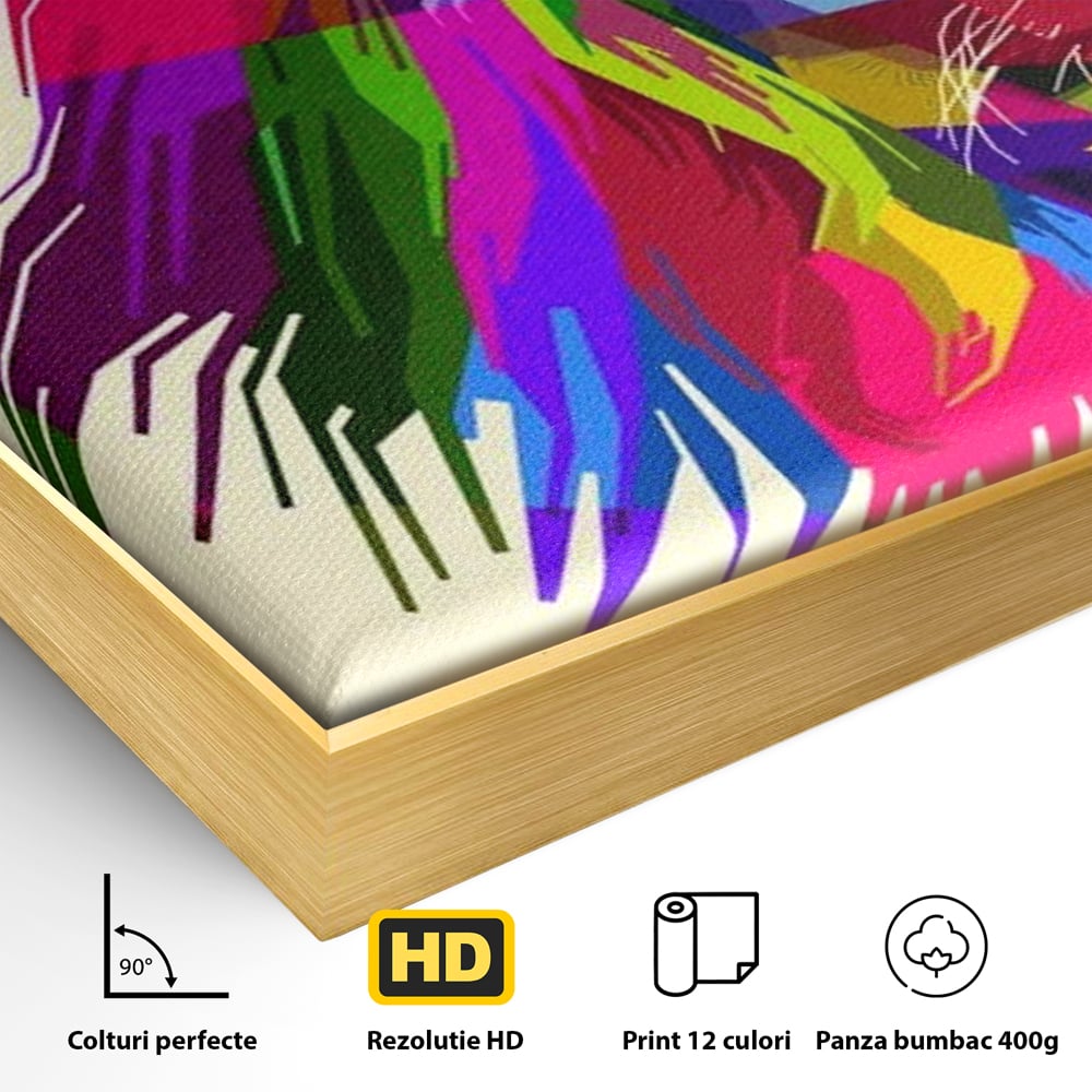 Detaliu al suprafetei: tablou canvas cu leu pop art, in rama de aluminiu auriu