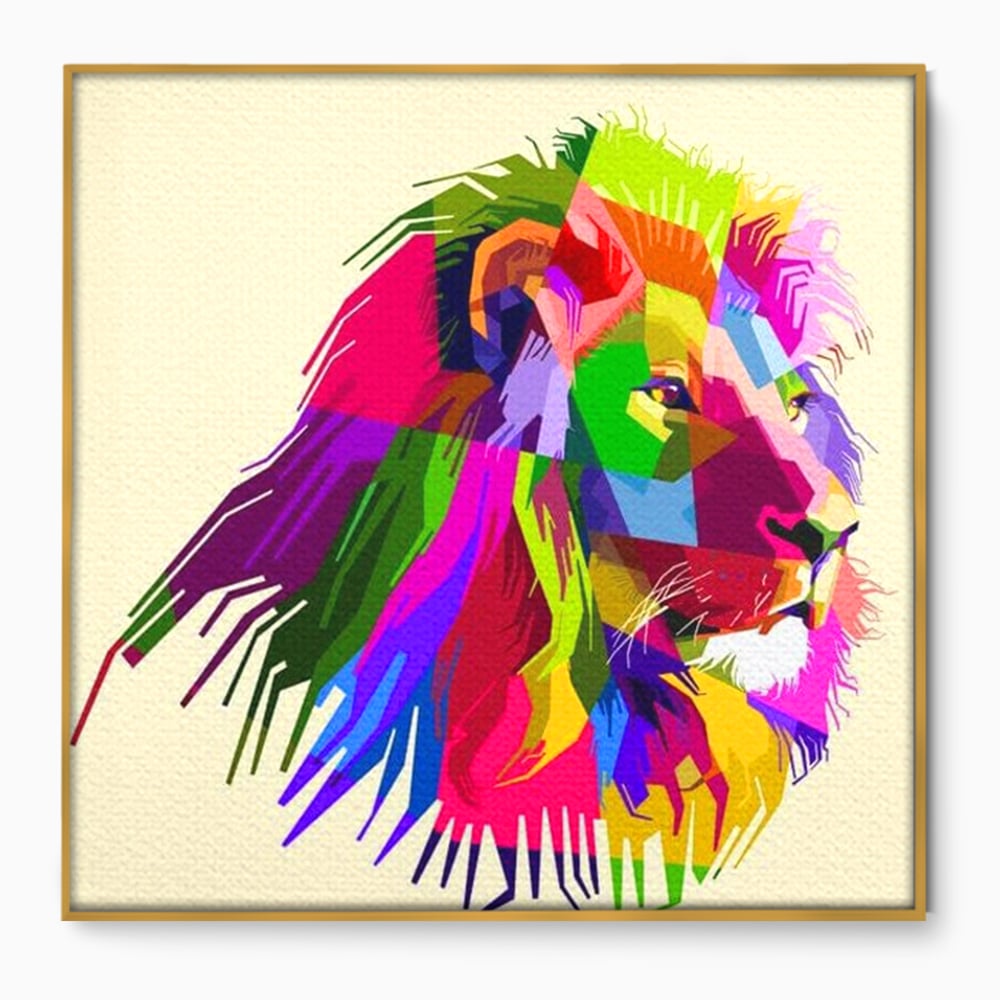 Tablou canvas cu tablou canvas cu leu pop art, in rama de aluminiu auriu