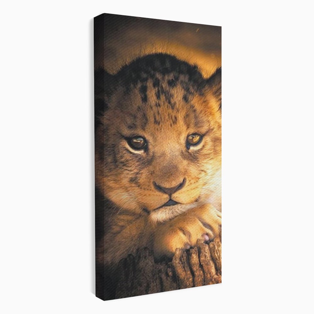 Tablou canvas cu tablou canvas cu portret de pui de leu, fara rama, pe sasiu de lemn