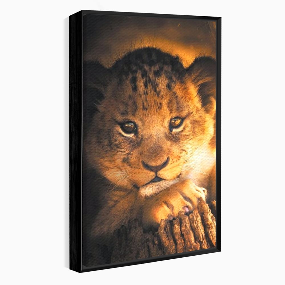 Tablou canvas cu tablou canvas cu portret de pui de leu, in rama de aluminiu negru