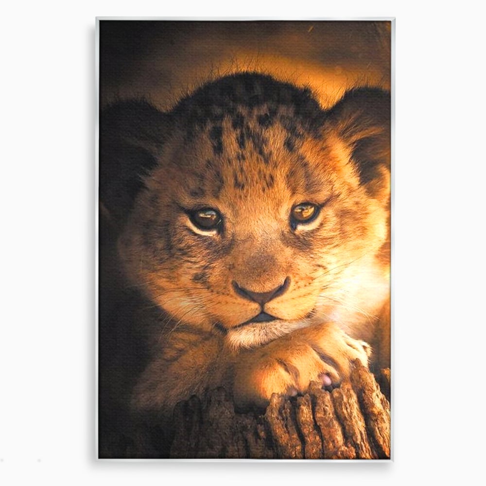 Tablou canvas cu tablou canvas cu portret de pui de leu, in rama de aluminiu argintiu