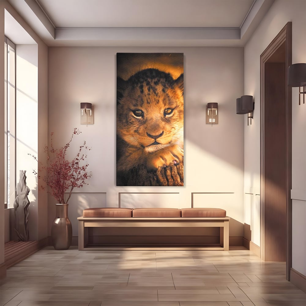 Tablou canvas cu tablou canvas cu portret de pui de leu, fara rama, pe sasiu de lemn