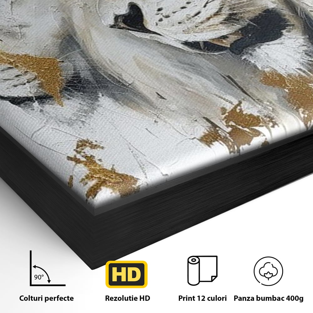 Detaliu al suprafetei: tablou canvas cu doi lei si accente aurii, in rama de aluminiu negru