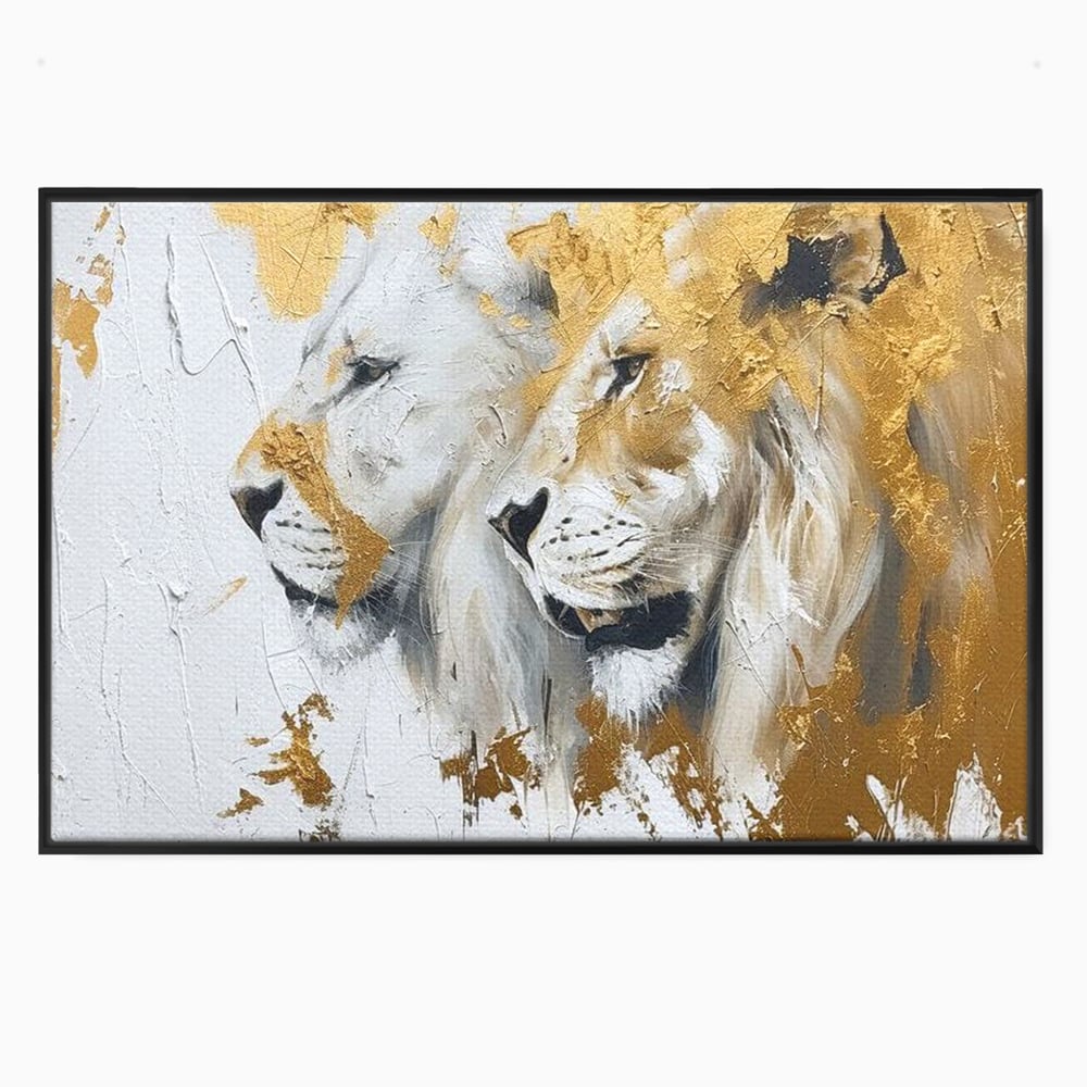 Tablou canvas cu tablou canvas cu doi lei si accente aurii, in rama de aluminiu negru