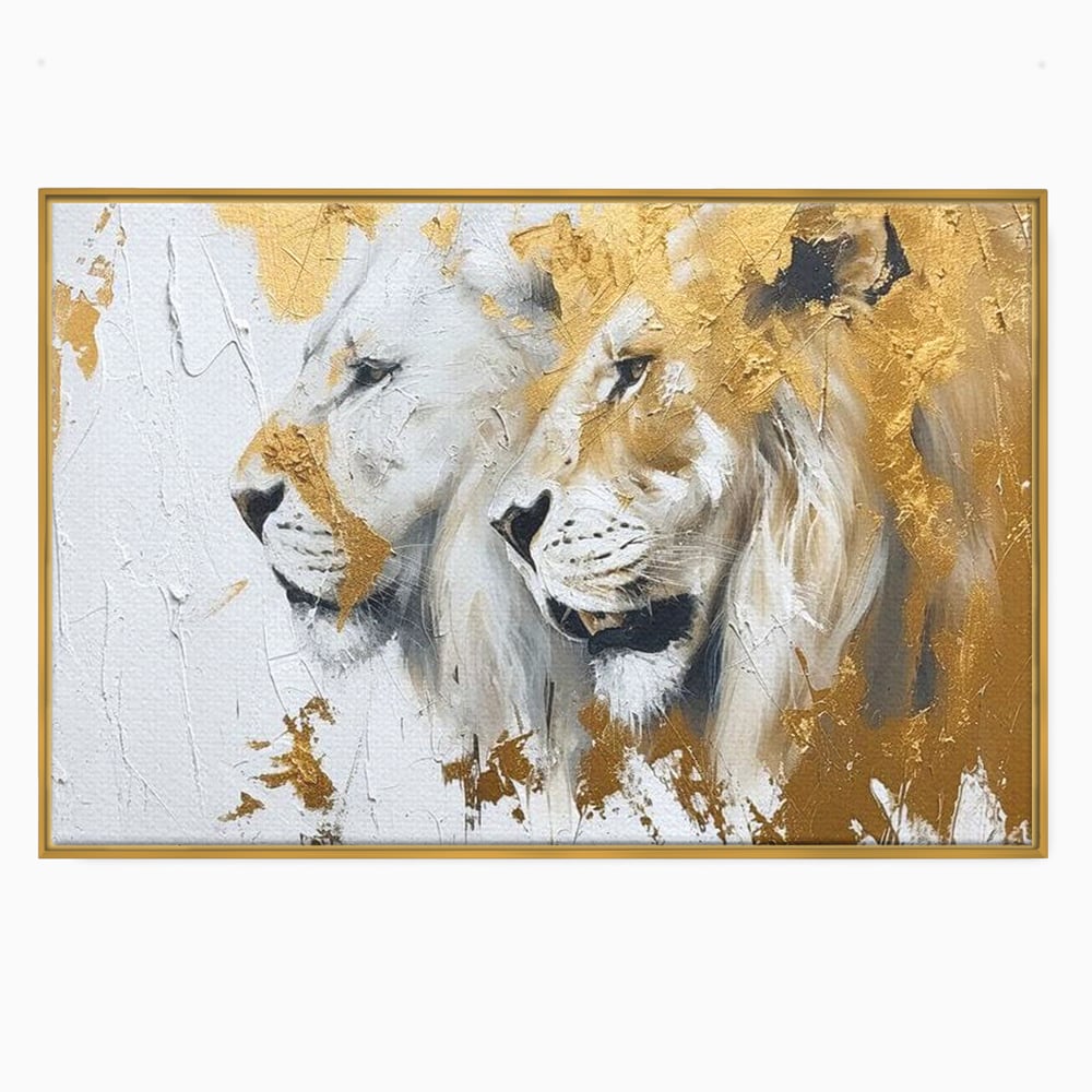 Tablou canvas cu tablou canvas cu doi lei si accente aurii, in rama de aluminiu auriu