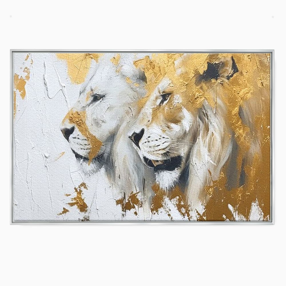 Tablou canvas cu tablou canvas cu doi lei si accente aurii, in rama de aluminiu argintiu