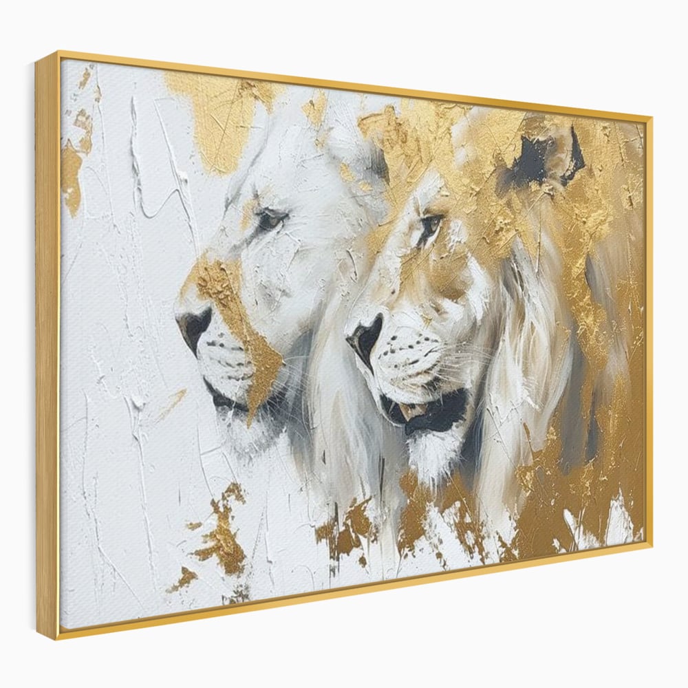 Tablou canvas cu tablou canvas cu doi lei si accente aurii, in rama de aluminiu auriu