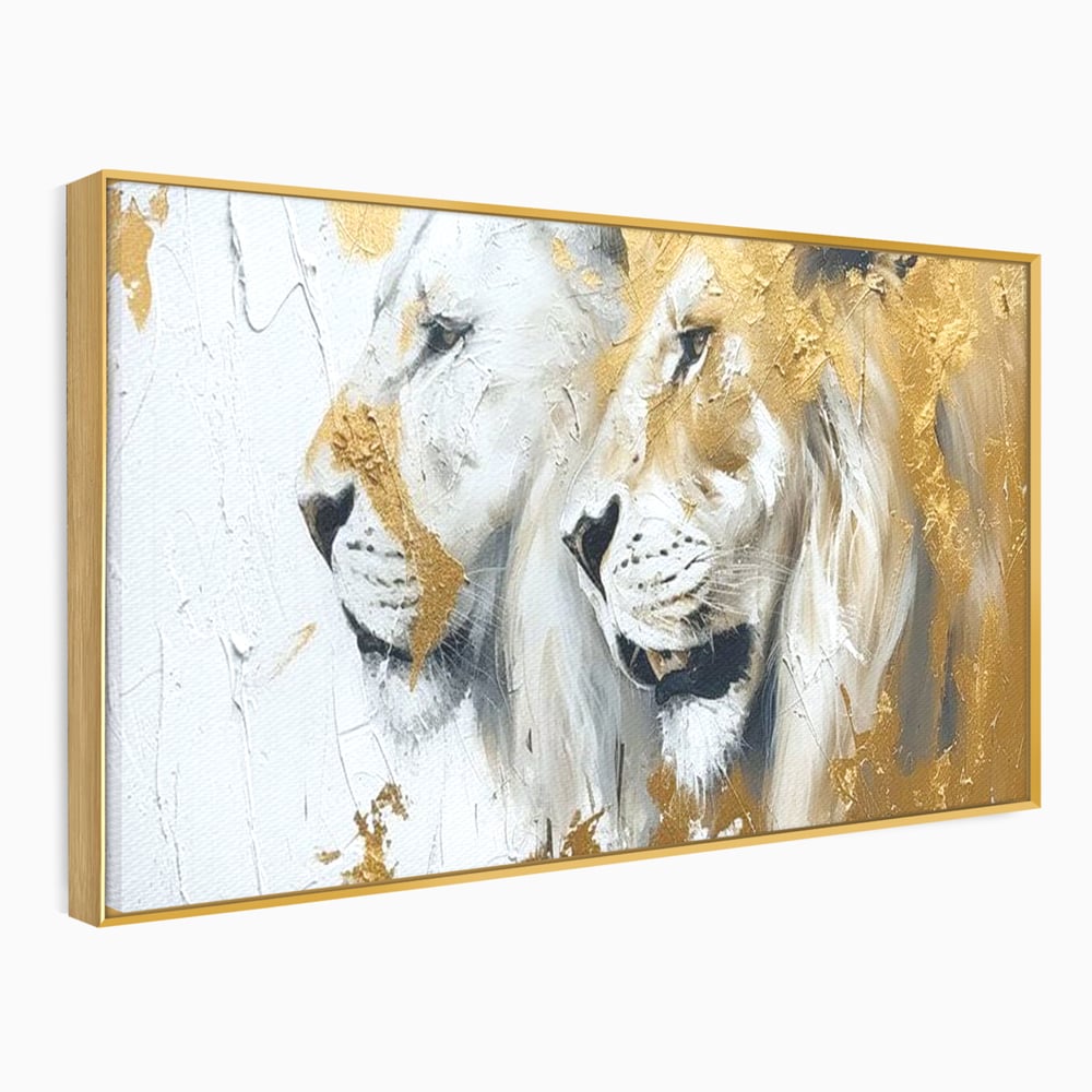 Tablou canvas cu tablou canvas cu doi lei si accente aurii, in rama de aluminiu auriu