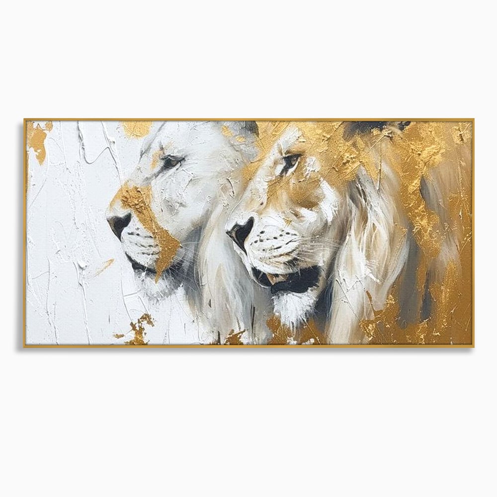 Tablou canvas cu tablou canvas cu doi lei si accente aurii, in rama de aluminiu auriu