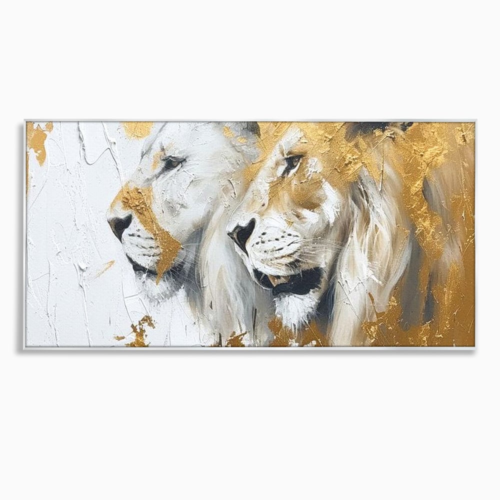 Tablou canvas cu tablou canvas cu doi lei si accente aurii, in rama de aluminiu argintiu