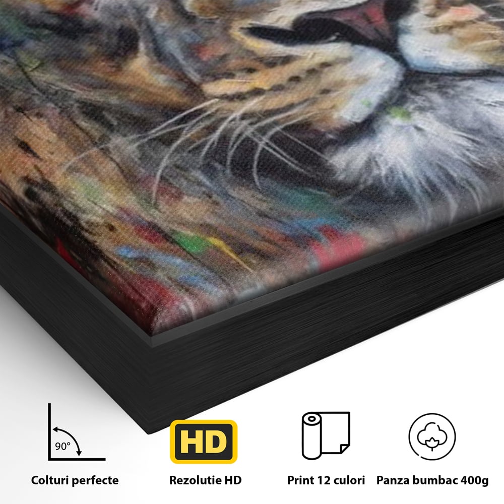 Detaliu al suprafetei: tablou canvas cu leu colorat, in rama de aluminiu negru
