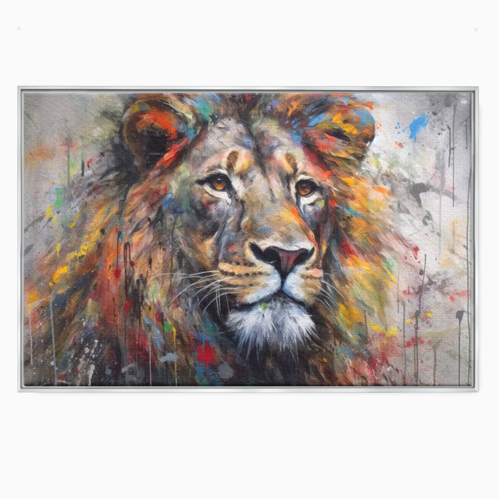 Tablou canvas cu tablou canvas cu leu colorat, in rama de aluminiu argintiu