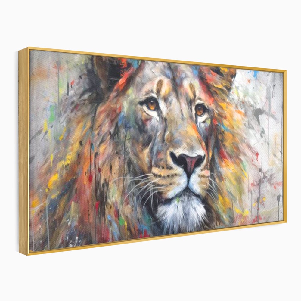 Tablou canvas cu tablou canvas cu leu colorat, in rama de aluminiu auriu