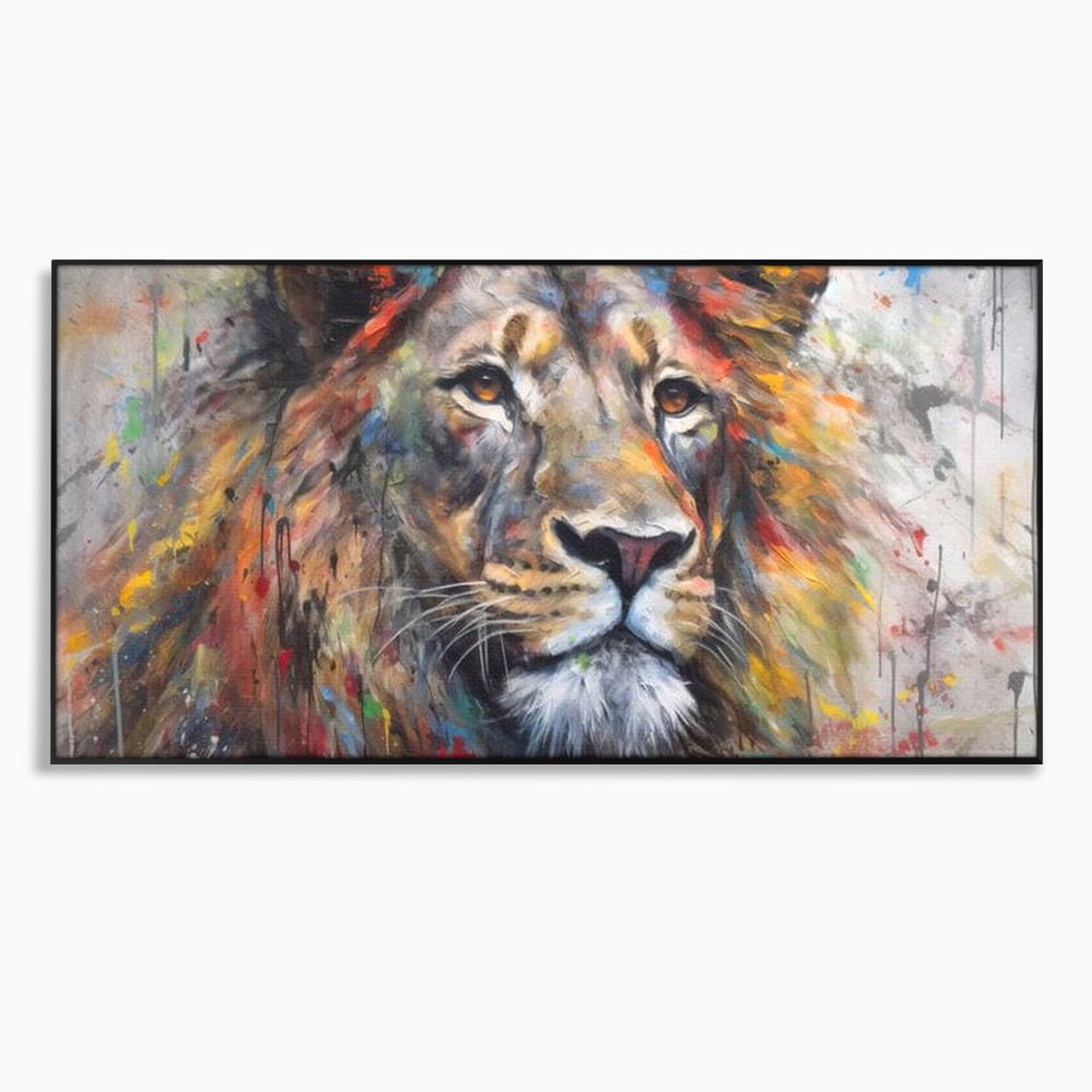 Tablou canvas cu tablou canvas cu leu colorat, in rama de aluminiu negru