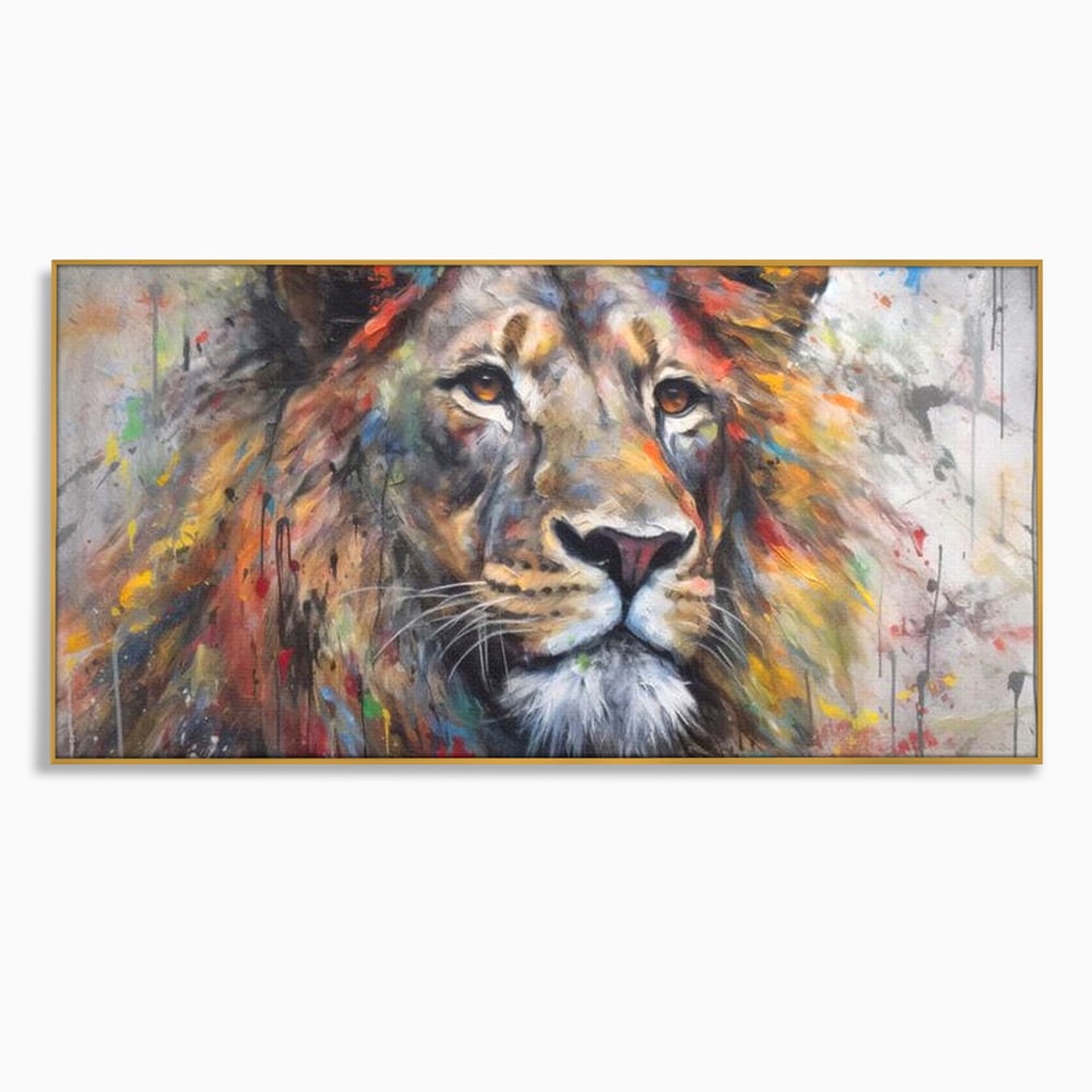 Tablou canvas cu tablou canvas cu leu colorat, in rama de aluminiu auriu