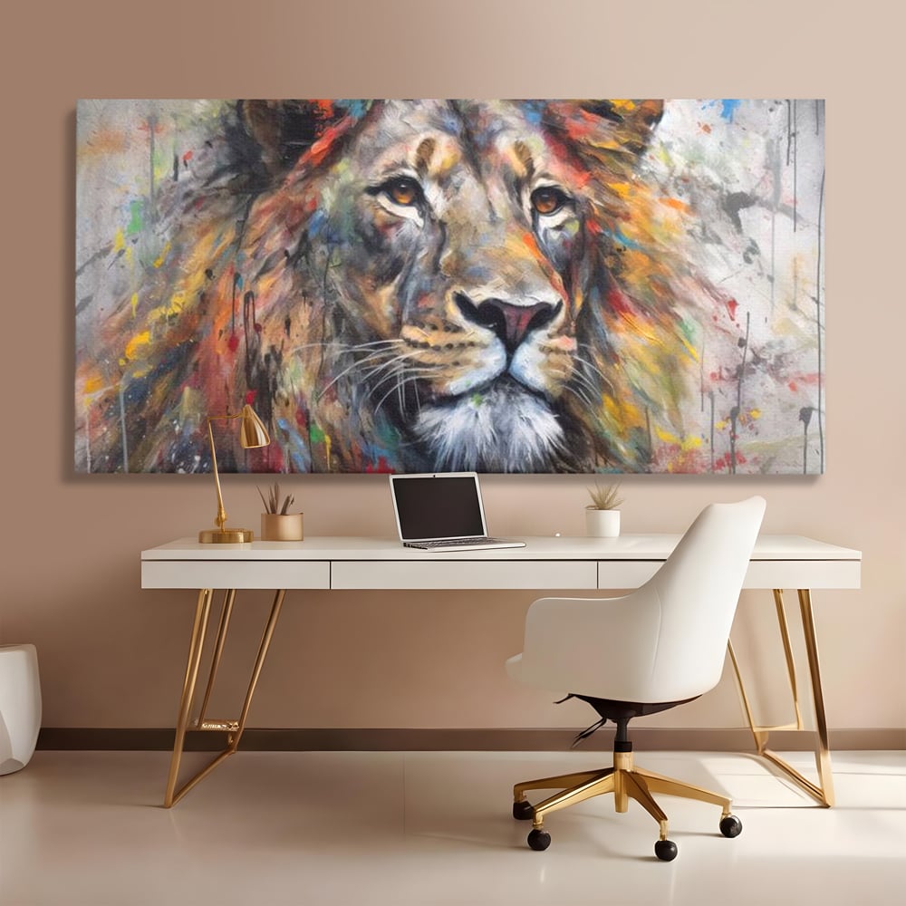 Tablou canvas cu tablou canvas cu leu colorat, fara rama, pe sasiu de lemn, pe perete intr-un birou