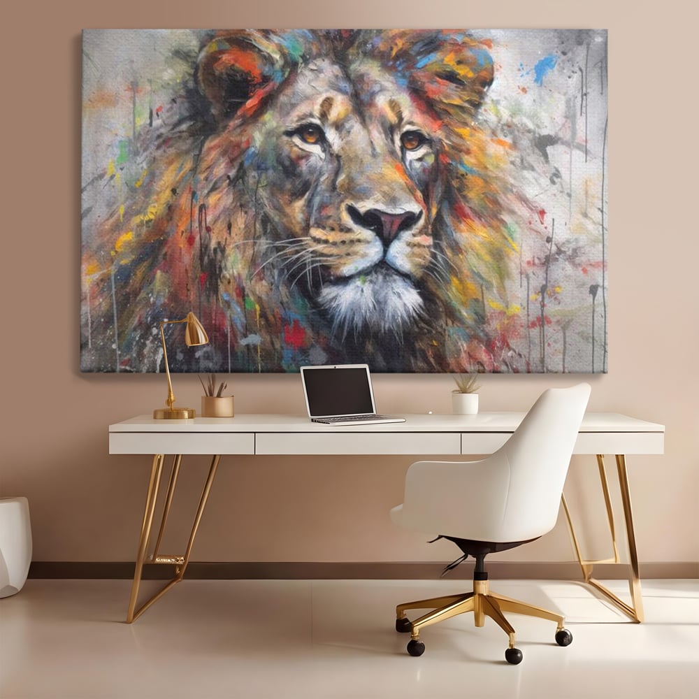 Tablou canvas cu tablou canvas cu leu colorat, fara rama, pe sasiu de lemn, pe perete intr-un birou