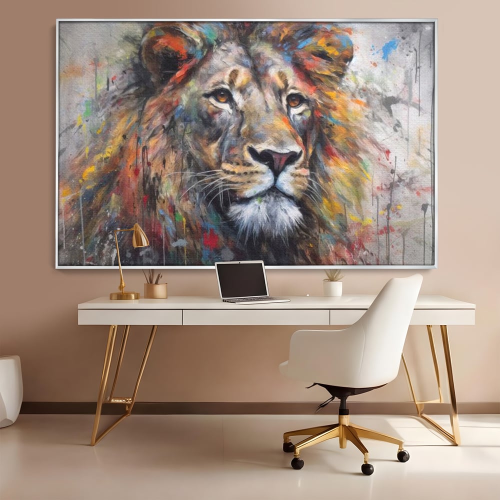 Tablou canvas cu tablou canvas cu leu colorat, in rama de aluminiu argintiu, pe perete intr-un birou
