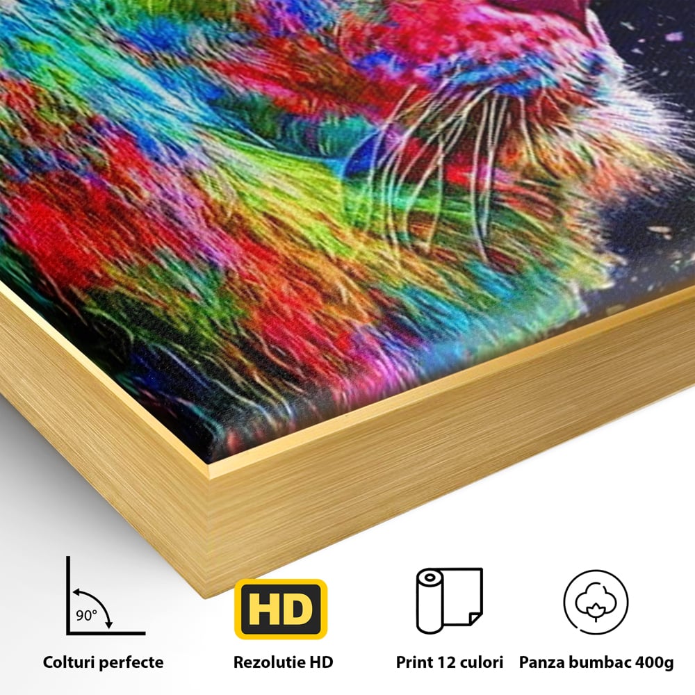 Detaliu al suprafetei: tablou canvas cu profil de leu multicolor, in rama de aluminiu auriu