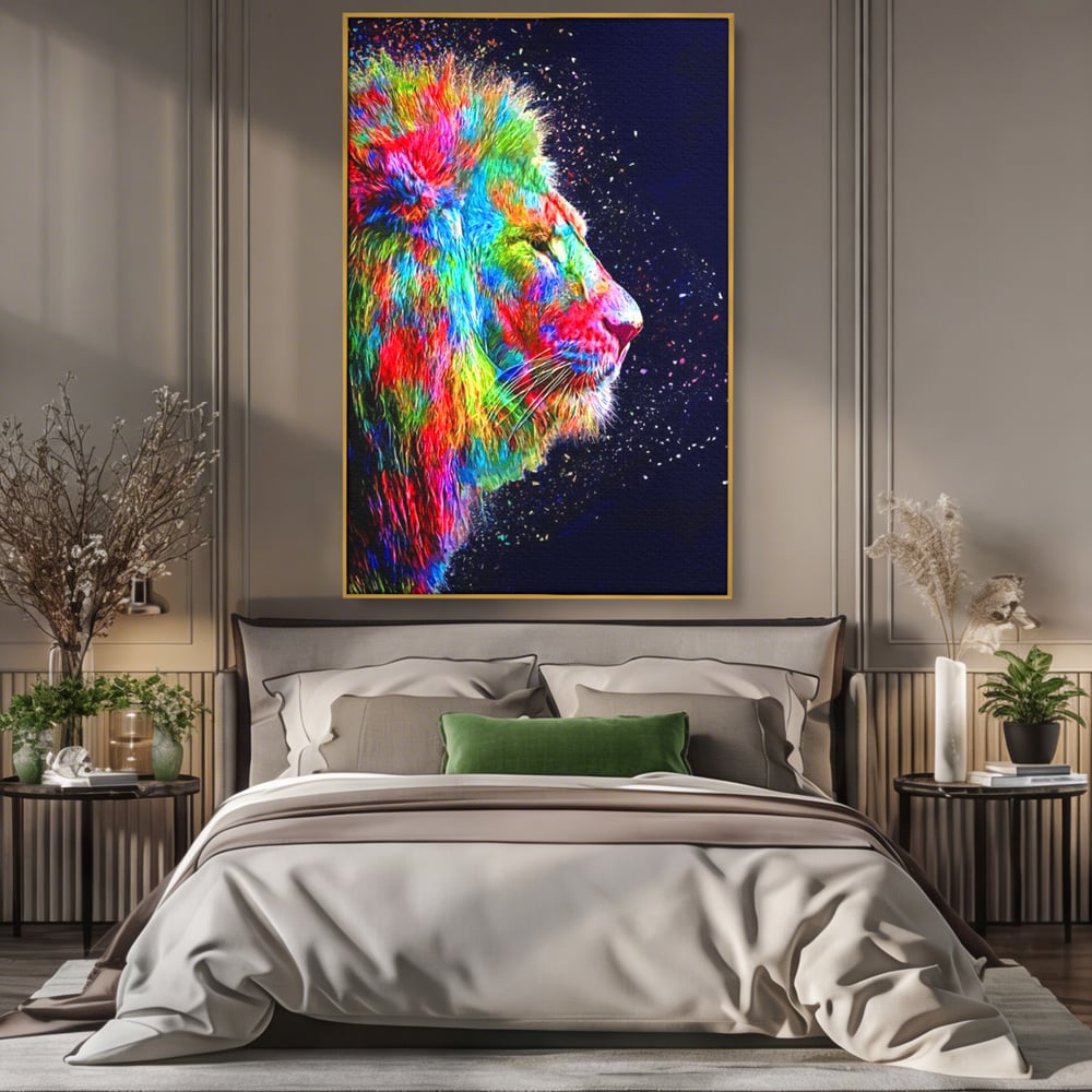 Tablou canvas cu tablou canvas cu profil de leu multicolor, in rama de aluminiu auriu, pe perete intr-un dormitor