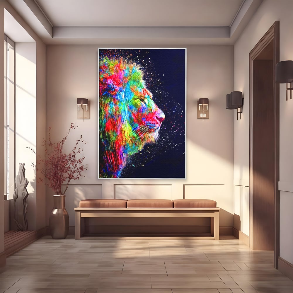 Tablou canvas cu tablou canvas cu profil de leu multicolor, in rama de aluminiu argintiu